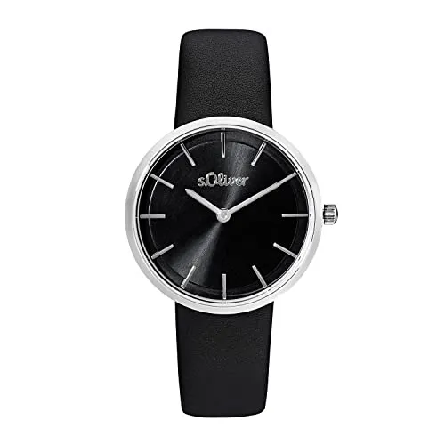 s.Oliver Damen Armbanduhr 2033557 - Elegante Quarzuhr mit schwarzem Lederarmband, 5 bar wasserdicht und inklusive Geschenkbox – ideal für stilvolle Frauen.