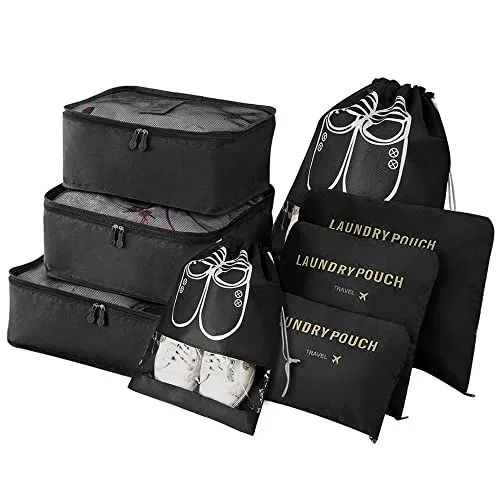 Vicloon Koffer Organizer, 8-in-1-Set Gepäck Organizer, wasserdichte Reise Kleidertaschen umfassen 2 Schuhbeutel, 3 Packwürfel und 3 Aufbewahrungsbeutel, für Kleidung Schuhe Kosmetik - Schwarz