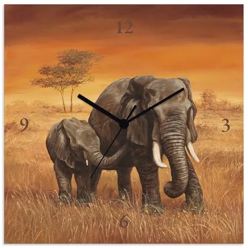 ARTLAND Wanduhr ohne Tickgeräusche Alu Quarzuhr 30x30 cm Quadratisch Lautlos Afrika Elefant Tiere Safari Urlaub Kolonialstil T4JT