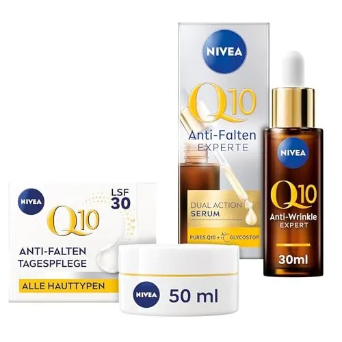 NIVEA Q10 Anti-Falten Power Tagespflege & Dual Action Serum Gesichtspflegeset - Gesichtspflegeset mit innovativer Anti-Glykationstechnologie, die Falten effektiv mildert und die Haut schützt – für sichtbar jüngere Haut in nur 2 Wochen!