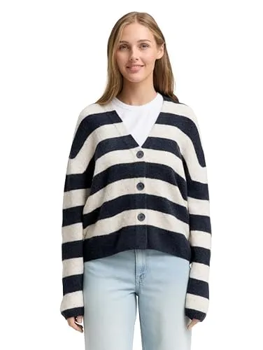 Tom Tailor Damen Cardigan 1048350, Navy Off White Stripe, XL - Strickjacke für Damen mit V-Ausschnitt und bequemer Passform, aus pflegeleichten, recycelten Polyesterfasern für nachhaltigen Stil.