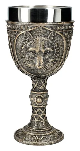 Figuren Shop GmbH Becher Kelch Wolf - Wild Thirst - Prächtiger Weinkelch mit Wolfsemblem aus Kunststein und Edelstahl. Ideal für Fantasy-Dekoration und besondere Anlässe. Entdecken Sie unsere Auswahl an einzigartigen Kelchen!','category':'Stielgläser
