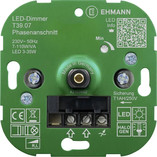 Ehmann LED Phasenanschnitt UP-Dimmer T39.07 - Smart Home Dimmer für LED-Leuchten, ermöglicht stufenloses Dimmen von 5-35W und überzeugt durch einfache Unterputz-Montage.