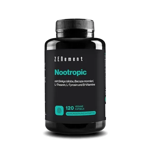 Nootropic, mit Ginkgo biloba, Bacopa monnieri, L-Theanin, L-Tyrosin und B-Vitamine, 120 Vegan Kapseln | Gedächtnis, kognitive Funktion, klares Denken