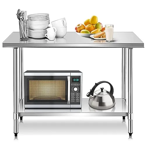 COSTWAY Edelstahl Küchentisch mit Höhenverstellbarer Ablage - Arbeitstisch für Lebensmittelzubereitung, aus hochwertigem Edelstahl, rostbeständig und leicht zu reinigen, ideal für Gastronomiebetriebe und vielseitig einsetzbar.