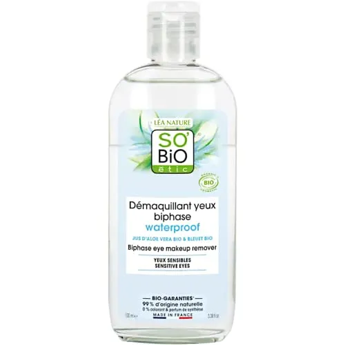 So'Bio Étic Augen-Make-up-Entferner, 2 Phasen, wasserfest, Bio-Aloe Vera-Saft, empfindliche Augen, 100 ml