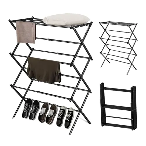technodry Wäscheständer Klappbar – Turmwäscheständer Klein mit 3 Ebenen & 11 Stangen, Faltbarer Wäscheständer Turm für Camping, Balkon oder Waschküche, Platzsparender Trockner Schwarz aus Metall