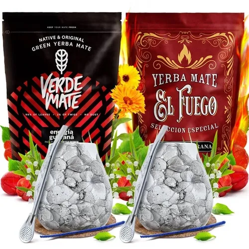 Mate Tee Set für Zwei Verde Mate  El Fuego Guarana 2x500g Mate Becher 300 ml