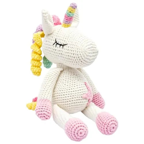 miniHeld Handgestrickter Einhorn 'Glücksbringer' Spielzeug 28cm - Stofftier & Teddybären: Handgestricktes Einhorn aus Baumwolle, ideal als Glücksbringer für Babys und Kleinkinder, 28 cm groß.