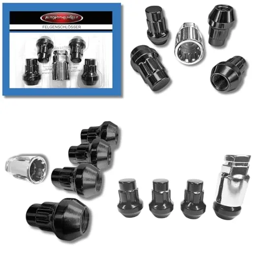 Felgenschloss M14x1,5 Kegelbund 60° kompatibel mit Chrysler Dodge Ford Jeep Opel SsangYong 4x schwarze Felgenschlösser Felgensicherungen Radsicherungen Felgen-Diebstahlschutz Radschlösser Radmuttern