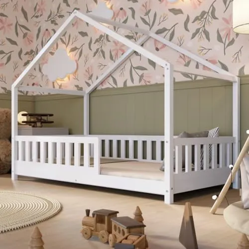 Produktbild Crazy Pine Hausbett 80x160 cm – Sicheres Kinderbett mit Rausfallschutz in Weiß