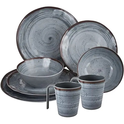 Camping Geschirr Set aus Melamin für 2 Personen grau 8 Teile - mit Tellern und Tassen - Campinggeschirr