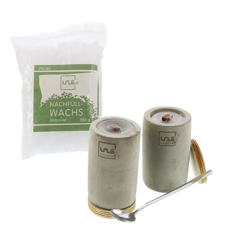 UNUS Beton-Feuer Outdoor, Set mit 2x lange Zylinder Beton Kerze, 100g Nachfüllwachs, Löschbretter und Löffel zum Nachfüllen, Tischkamin mit Dauerdocht, Tischfeuer Recycling Kerzenwachs