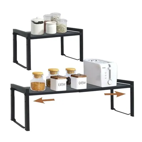 Erweiterbares Schrankregal,66 cm,stapelbarer Küchenthekenregal-Organizer,Küchengewürzregal,Speisekammerregal,verstellbarer Schrank-Organizer,Aufbewahrungsregal für Küche und Büro(2er-Pack schwarz M)