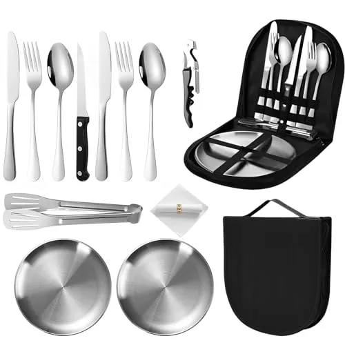 TFSZE Camping Geschirr Set 2 personen13-teilig, Tragbar Verdickt Edelstahl Outdoor-Geschirr für Camping,Picknick(Silber)