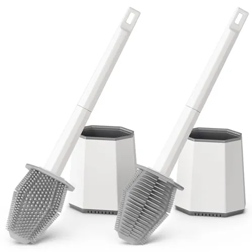 Euqvunn Klobürste Silikon, 2er-Pack Toilettenbürste Wandmontage, Tiefenreiniger WC Bürstengarnitur mit Doppelseitigem Kopf und Langen Plastikgriff, Schnell Trocknende Anti-Tropf (Weiß)
