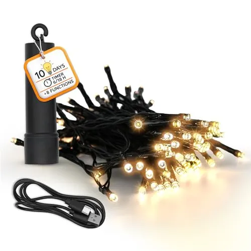 Akku Lichterkette USB aufladbar - 100 LED, 7,4m, warm weiß - Weihnachtsbeleuchtung: Akku Lichterkette mit 100 LEDs, bis zu 10 Tage Leuchtdauer, 8 Funktionen und Timer für stimmungsvolle Lichtakzente im Garten und Innenbereich.