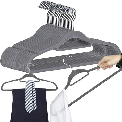 Ruhhy Antirutsch-Kleiderbügel Einkerbungen im Schulterbereich Steg für Hosen drehbarer Haken Velours Set 20 Stück 22536, Farbe:Grau-Grey