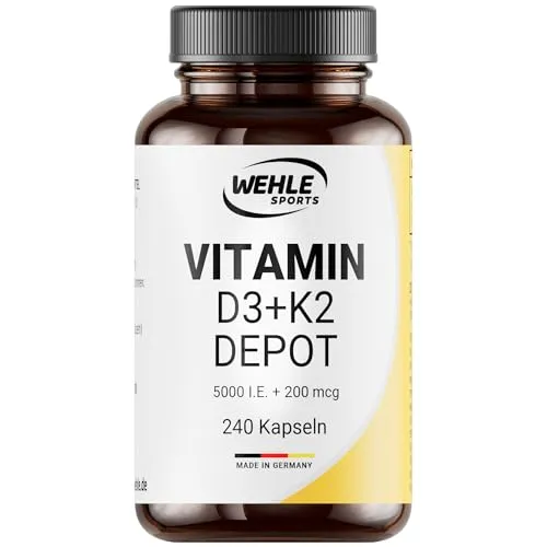 Vitamin D3 K2 Depot 240 Kapseln Hochdosiert - 5.000 IE Vitamin D3 + 200 mcg Vitamin K2 MK7 All Trans I Ohne Zusätze, Hergestellt in DE. - Verpackung kann variieren