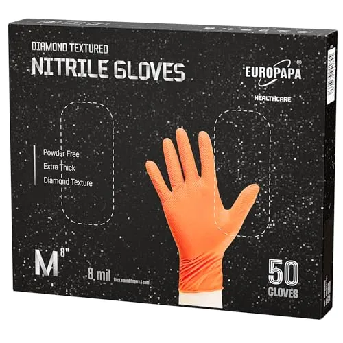 EUROPAPA® 50x extra Dicke Nitrilhandschuhe DiamantGrip Diamant Perfect Grip Einweghandschuhe Montageschutzhandschuhe puderfreier latexfreier Arbeitshandschuhe (8 mil, Orange, M)