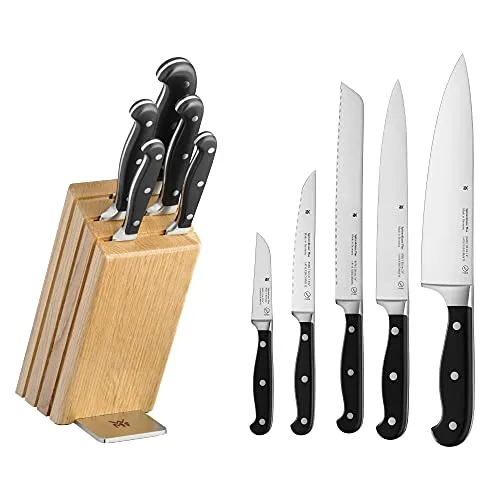 WMF Spitzenklasse Plus Messer-Set - 6-teilig, handgeschmiedete Klingen aus Spezialklingenstahl, inklusive edlem Eichenholz Messerblock für optimale Aufbewahrung