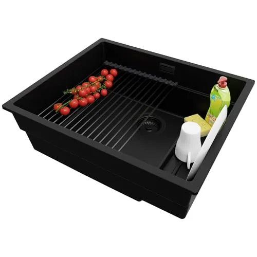 PRIMAGRAN Unterbauspüle Granit Alles Schwarz 56x47cm, Spülbecken 1 Becken + Zuberhor-Set, Granitspüle ab 60er Unterschrank - Praga S461