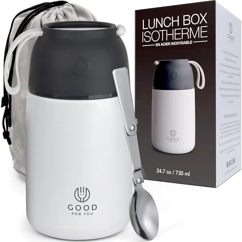 GOOD FOR YOU - Vakuumisolierter Thermobehälter für Speisen, aus Edelstahl, Lebensmittelthermoskanne, Suppenschüssel, Lunchbehälter, weiße Pulverbeschichtung, 730 ml
