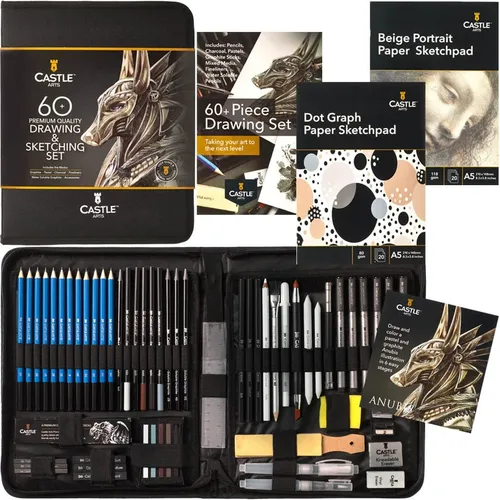 Castle Art Supplies 60-teiliges Zeichen- und Skizzier-Set - Umfangreiches Set mit hochwertigen Stiften und Werkzeugen in einem praktischen Reißverschluss-Etui. Ideal für Künstler, um kreative Techniken zu erlernen und zu perfektionieren.