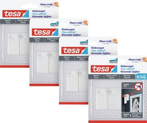 tesa Klebenagel für Tapeten und Putz 0,5kg - Selbstklebende Nägel für empfindliche Oberflächen - Aufhängestreifen für Bilder mit bis zu 0,5kg Halteleistung pro Nagel, ideal für Tapeten und Putz, rückstandslos ablösbar und ohne Werkzeug anbringbar.