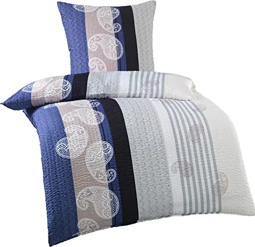 KH-Haushaltshandel 2-TLG. Seersucker Bettwäsche, 135 x 200 +80x80cm, blau grau, Paisley, bügelfrei, (W400983)