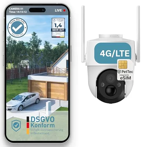 PetTec Überwachungskamera Cam Free'n 360 LTE/4G - Überwachungskamera für Innen und Außen mit Full HD Auflösung und integriertem Flutlicht, ideal für umfassende Sicherheit und Nachtsicht.