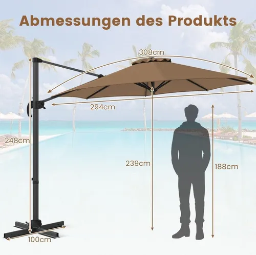 Verstellbarer 300 cm Ampelschirm mit Kurbel, Braun