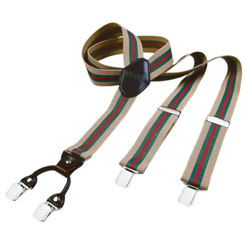 DonDon Hosenträger Herren extra stark getreift beige 3,5 cm Hosenträger Herren breit mit brauem Leder in Y-Form lang - Starke Clips passend für Anzug Jeans Chinos Vintage Rockabilly Suspenders