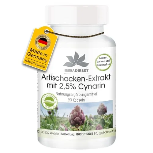 Artischocken Extrakt Kapseln - 90 Kapseln - hochdosiert - 1050mg Artischocken-Extrakt pro Tagesdosis - vegan - 2,5% Cynarin | HERBADIREKT by Warnke Vitalstoffe - Deutsche Apothekenqualität