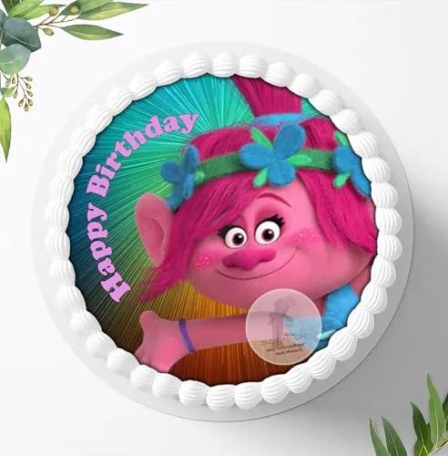 Für den Geburtstag ein Tortenbild, Zuckerbild mit dem Motiv: Trolls, Essbares Foto für Torten, Tortenaufleger Ø 20cm 0311w