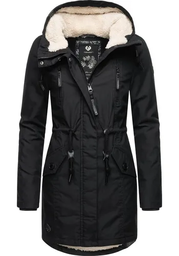 Ragwear Damen Mantel Elsie Intl Black - Warme Winterjacke mit Teddyfell-Kapuze - Funktionsjacke mit 100% veganem Material, wasserabweisend und warm gefüttert, ideal für kalte Tage und stylische Outdoorausflüge.