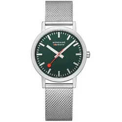 MONDAINE Classic 36 mm - Edle grüne Armbanduhr mit Milanese Band - Armbanduhren, elegante Schweizer Quarz-Uhr mit grünem Zifferblatt und robustem Milanese Band, ideal für stilbewusste Unisex-Träger.