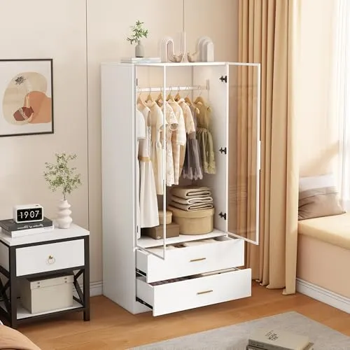 JiaOyu Kleiderschrank Weiß 80cm mit LED-Leuchten