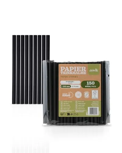 Mank Umweltfreundliche Papiertrinkhalme, Papierstrohhalme, Papphalme für Partys & Hochzeiten, in recycelbarem Folienbeutel, Strohhalme, (150, Schwarz, Ø 8 mm / 15 cm)