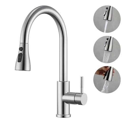 küchenarmatur Edelstahl, Wasserhahn ausziehbar küche, 360° drehbar küchenarmatur, Hochdruck Küchenarmatur, Drei Sprühfunktionen, Silber