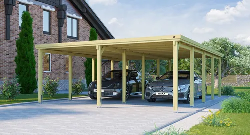 Weka Flachdach-Doppelcarport 618 Gr. 3 - Carport aus druckimprägniertem Holz mit robusten 12 cm x 12 cm Pfosten, ideal für zwei Fahrzeuge. Wetterfest und schneelastbeständig bis 122 kg/m² für ganzjährige Nutzung.