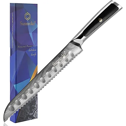 Sunnecko 20cm Brotmesser Wellenschliff, Damastmesser Brot Messer Scharf Küchenmesser mit Damaststahl Klinge, G10 Griff Brotschneidemesser