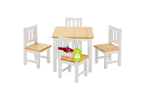 BOMI Kindersitzgruppe Amy - 5-tlg. aus Massivholz - Sitzgarnituren aus robustem Kiefernholz, ideal für kreative Spielstunden und gemeinsame Mahlzeiten, in stilvollem Natur-Weiß.