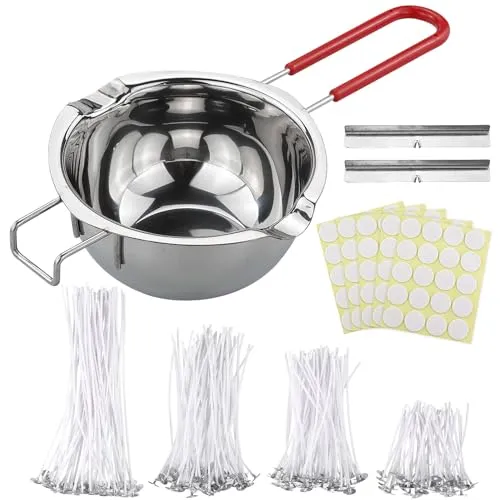 DNDGDLUA Kerzenherstellung Zubehör Schmelztopf,Kerzen Selber Machen Set, 200 Stück kerzendochte für kerzen, mit 2 Edelstahl dochte für kerzen Festen Halter, dochte für kerzen gießen, kerzen gießen set