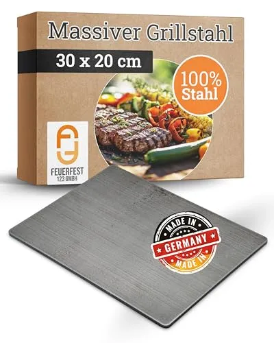 Feuerfest 123 Grillplatte 30x20cm - Massive Stahlplatte für perfekte Grill-Ergebnisse - Grillplatten - Diese hochwertige 8mm dicke Stahlplatte sorgt für optimale Hitzeverteilung und vielseitige Verwendung: Ideal für Burger, Pizza und Steak auf Gas- oder Kohlegrills. Made in Germany!