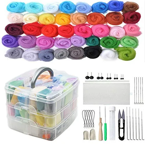 Joyeee Nadelfilz set für anfänger, Nadelfilz-Anfänger DIY-Set mit 40 Farben Filzwolle Roving, komplettes Nadelfilzwerkzeug-Zubehör, 3 Größen Filzen Nadeln, Ahle, Schere, Holzgriff