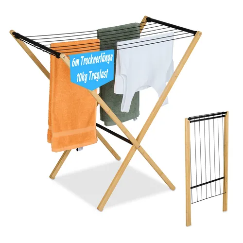 relaxdays Klappbarer Wäscheständer aus Holz und Schwarz - Standtrockner für kleine Räume, mit 8 Stangen für optimale Raumnutzung. Faltbar und leicht zu verstauen, ideal für kleine Haushalte oder Camping.