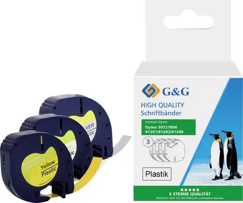 G&G Schriftband 3er Set TD-RL-D-91201/2/8-3P Kompatibel ersetzt DYMO 91241 Bandfarbe: Weiß, Gelb, Silber Schriftfarbe: Schwarz