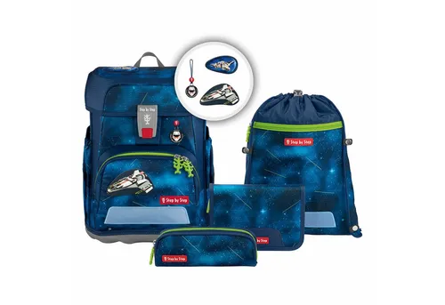 Step by Step Schulranzen-Set Cloud Starship Galactus 5-teilig - Ergonomischer Tornister in blau mit Raumschiff-Design, leicht und höhenverstellbar für optimale Passform