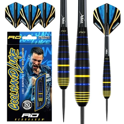 RED DRAGON Luke Humphries Weltmeister 20G Messing Steeldart-Set mit Flights und Schäften (Stems)